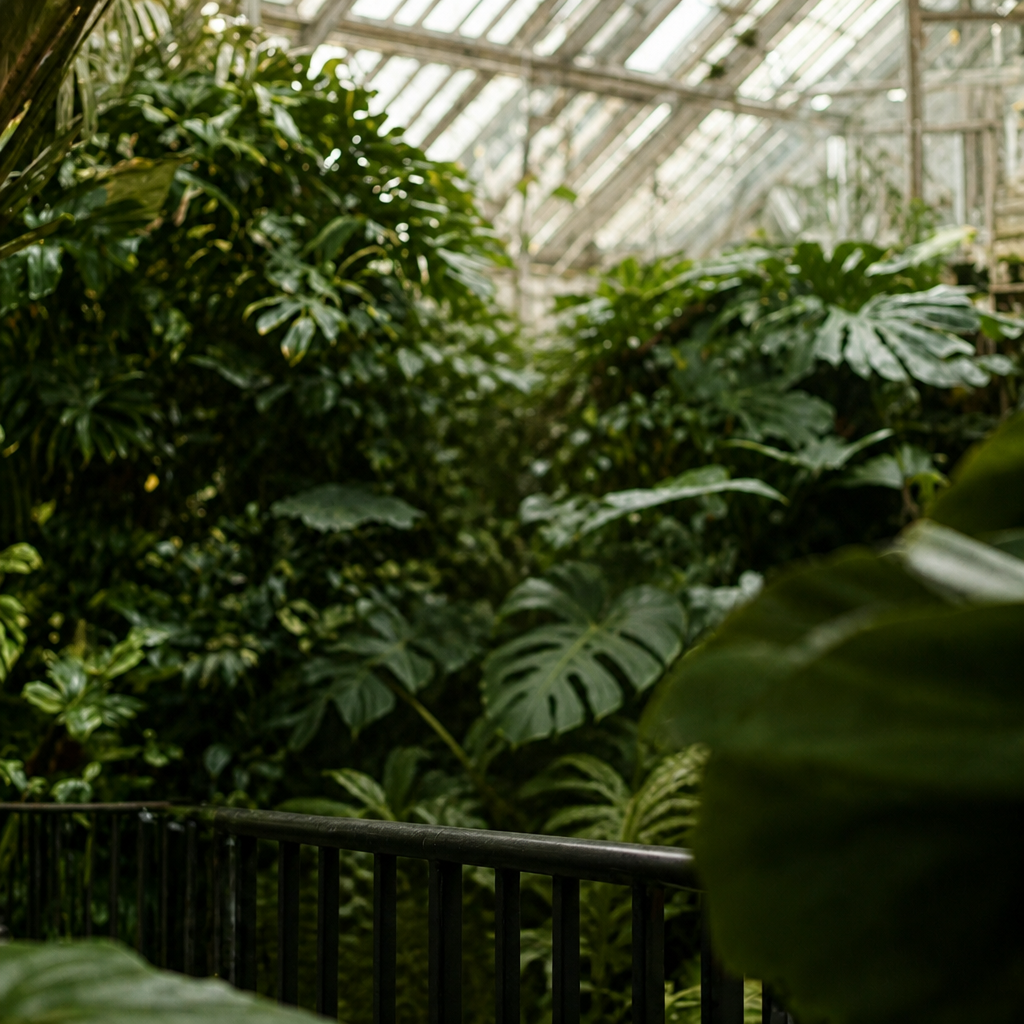Lush tropical foliage in a sunlit greenhouse